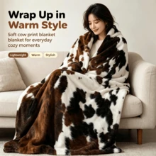 Realistic Cowhide Texture Print Thickened Flannel Fleece Blanket, Soft & Skin-Friendly, Sofa & Bedroom Throw, Western Vintage Style Decorative Blanket - Multicolor - View 2