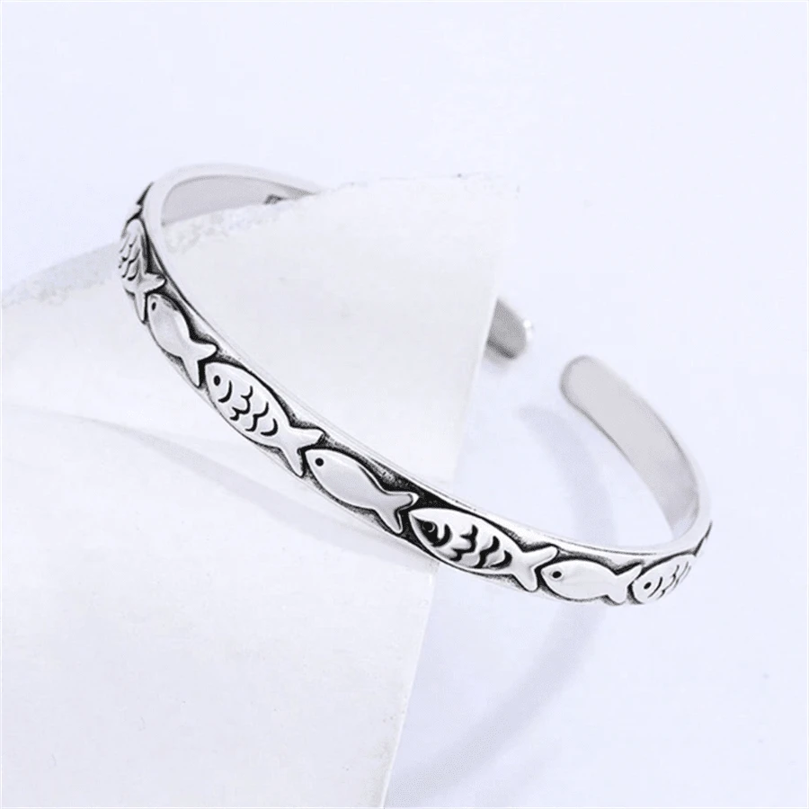 1 buah Gelang Motif Ikan Timbul Bergaya Vintage, Gelang Terbuka Modis Gaya INS Sederhana dan Imut untuk Wanita - Antique Silver - View 1