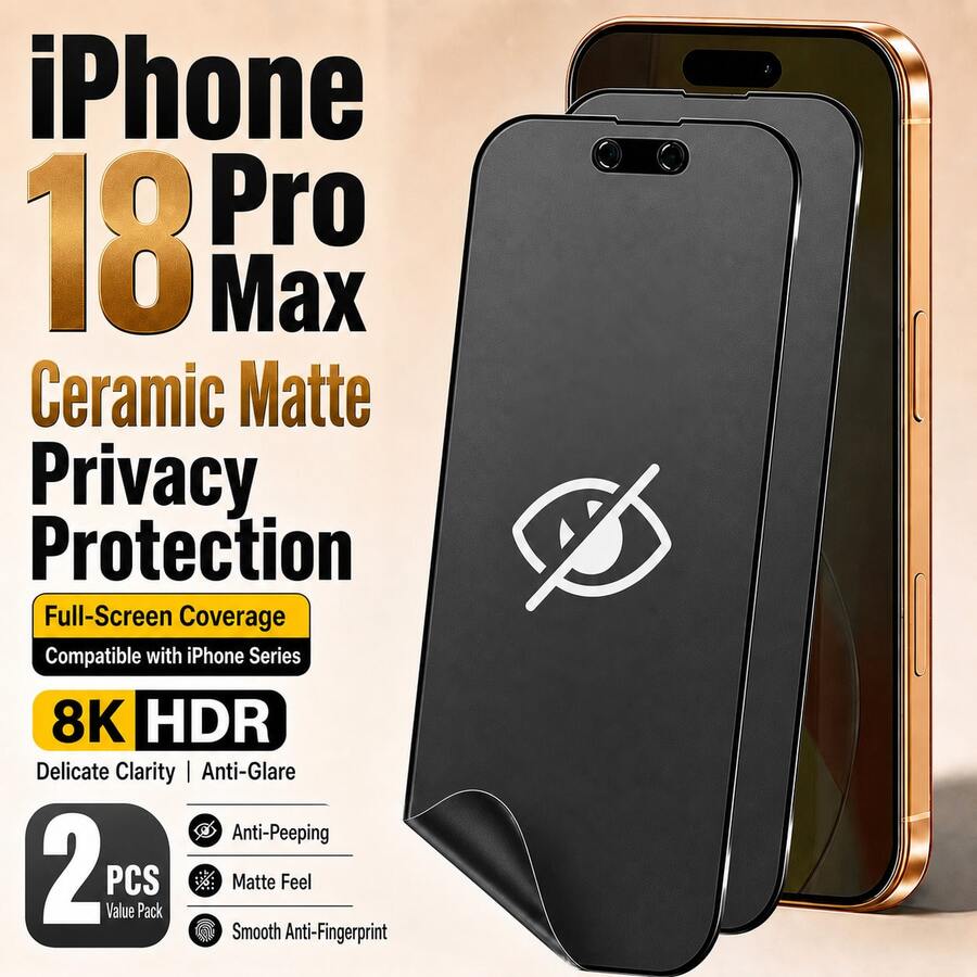 Yezodawee 2 buah Film Pelindung Privasi Matte Keramik Lembut, Kompatibel dengan iPhone 18 Pro Max/Phone 18 Pro/Phone 17 Pro Max/17/16 Pro Max/16 Pro/16 Plus/16/15 Pro Max/14 Pro Max Seri Lengkap, Anti Sidik Jari, Anti Gores, Anti Intip, Mudah Dipasang, Film Pelindung Privasi Ponsel - 2 buah - View 1