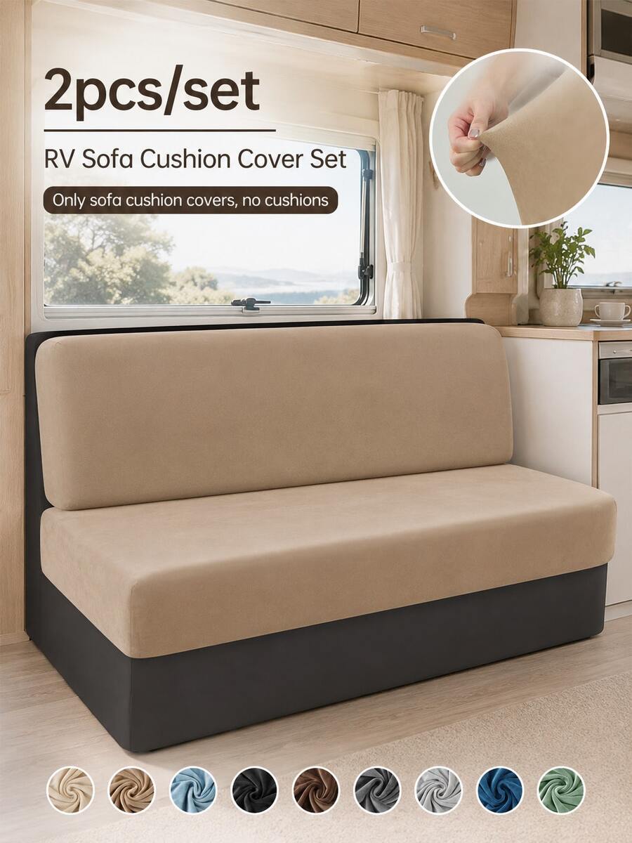 2pcs Solid Color RV Dinette Cushion Covers, Soft Velvet Stretch Sofa Slipcovers, Hotel Booth Seat Covers, RV Camper Backrest Protectors - Multicolor - View 1