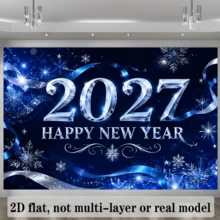 1pc 2D Flat 2027 Happy New Year Theme Party Banner Backdrop, With Crystal Texture Numbers, Snowflakes, Blue Ribbon Decoration, Made Of Polyester Material, No Power Required, Suitable For Indoor/Outdoor New Year's Eve Events, Family Gatherings, Photo Background, Overall Exquisite Atmosphere With Strong Festive Vibe - 1 - View 5