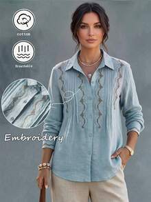 Summer Vintage Bohemian Loose Casual Commute Lapel Long Sleeve Embroidered Shirt Cardigan Top, Autumn Hobo Artistic Elegant Embroidered Lapel Blouse, All-Season Versatile Commute Office Vacation Holiday Party Tea Party Embroidered Casual Everyday Outing Shirt, Blue Shirt, Button Up Shirt For Women - Blue - View 9