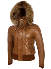 AVIATRIX Men's Genuine Leather Bomber Jacket With Hood In Tan Colour (QS6C) - Brown - View 2