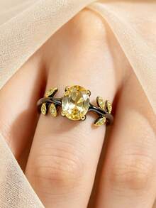1pc Vintage Dual-Tone Leaf Oval Yellow Diamond Couple Ring, Black & Gold Geometric Design, Valentine's Day Gift, Party Jewelry - Black and Yellow - View 6