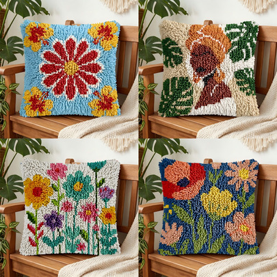 1 pièce Kit de taie d'oreiller à crochet à loquet, motif fleurs et personnes, ensemble d'art à l'aiguille, taie d'oreiller DIY pour débutants et adultes, pack de matériaux pour point de nœud, pack de matériaux de taie d'oreiller pour décoration de maison, canapé, Noël, 43cm x 43cm/17in x 17in