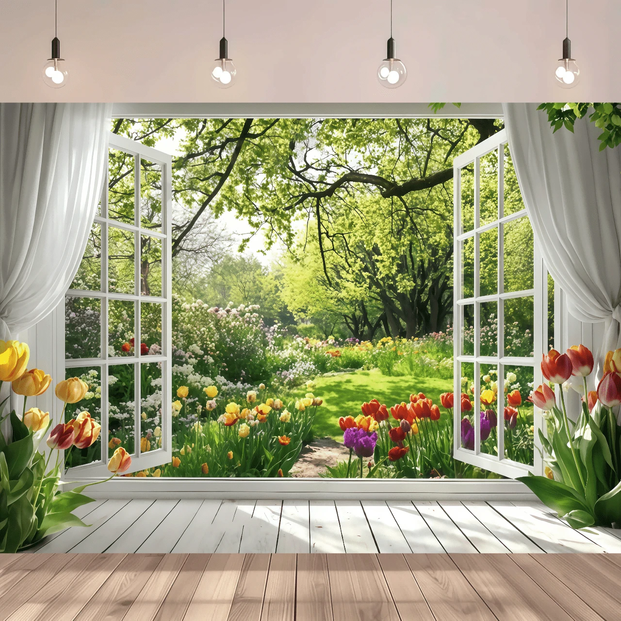 Garden Background, Suitable For White Window Floral Scene Banner, Can Be Used For Weddings, Birthdays And Celebrations. Multi-Purpose Party Decoration, No Electricity Required.