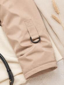Women's Camel Hooded Utility Parka, Drawstring Waist, Zip & Snap Closure, Pockets, Mid-Length Spring Autumn Coat - Camel - View 8