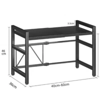 Adjustable Microwave Rack, Expandable Kitchen Stand With 6 Hooks For Microwave Toaster Oven, Space Saving Countertop Shelf, Metal Black - View 3