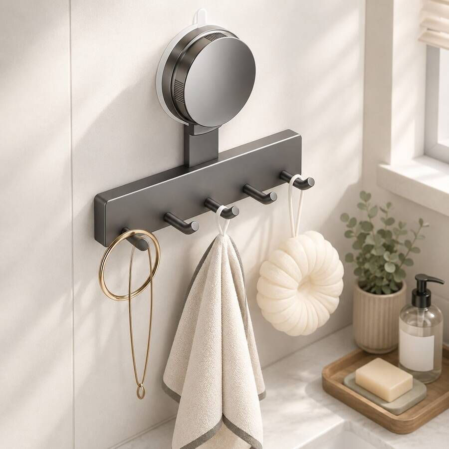 1pc 3-Hook Strong Suction Cup Hook, No-Drill Wall Storage Rack, Gun Gray Minimalist Hook, Suitable For Kitchen, Bathroom, Dorm, Door Back Clothing Hook, Towel / Apron Storage Hook