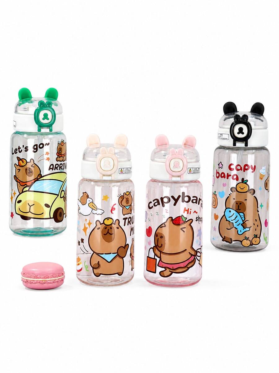 1pc 500ml Cute Capybara Plastic Water Cup, Large Capacity Straw Portable Baby Cartoon Travel Cup - Multicolor - View 1