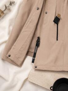 Women's Camel Hooded Utility Parka, Drawstring Waist, Zip & Snap Closure, Pockets, Mid-Length Spring Autumn Coat - Camel - View 7