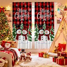 2 Pieces Of "Merry Christmas" Text, Red And Black Buffalo Check Christmas Printed Semi-Transparent Curtains, Pole Bag Curtains, Suitable For Living Room, Bedroom And Home Decoration, Machine Washable, Hookless - Multicolor - View 1