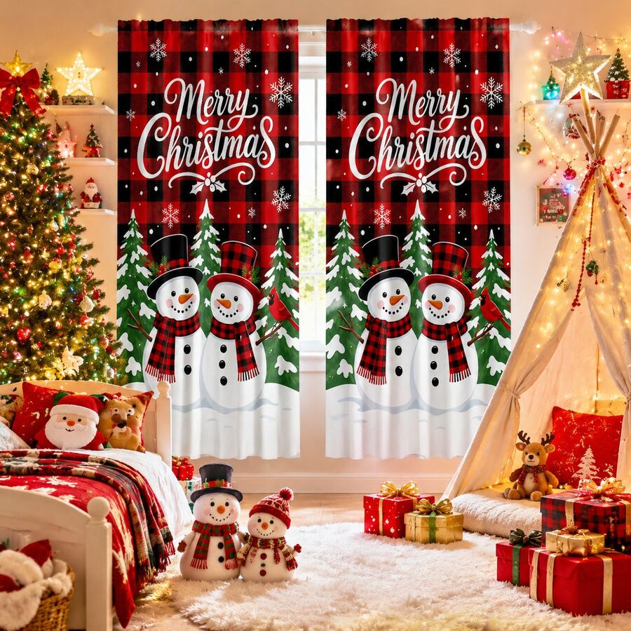 2 Pieces Of "Merry Christmas" Text, Red And Black Buffalo Check Christmas Printed Semi-Transparent Curtains, Pole Bag Curtains, Suitable For Living Room, Bedroom And Home Decoration, Machine Washable, Hookless - Multicolor - View 1