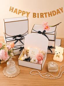 10pcs Magnetic-Closure Gift Box With Platinum Trim, Featuring A Black Satin Ribbon And A White Greeting Card; Foldable Rigid Gift Box Perfect For Weddings, Bridesmaid Invitations, Birthdays, Valentine's Day Gift - Platinum - View 2