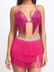 Sequin Draped Fringe Halter Top Rhinestone Waistband Multi‑Layer Fringe Slit Dance Hip Scarf Party Performance Outfit (Multiple Colors Available) - Multicolor - View 7