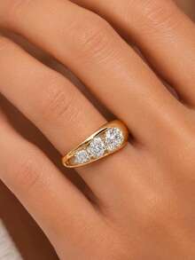 1pc Women's Luxury Three-Stone Ring, Asscher Square Diamond & Oval Zirconia Splice Hollow Design, 14K Gold Plated, Party Engagement Decorative Gift Jewelry - Yellow - View 6