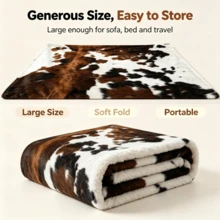 Realistic Cowhide Texture Print Thickened Flannel Fleece Blanket, Soft & Skin-Friendly, Sofa & Bedroom Throw, Western Vintage Style Decorative Blanket - Multicolor - View 10