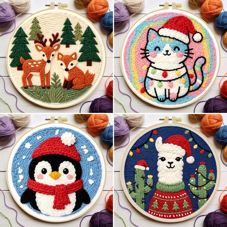 1pc DIY Punch Needle Kits For Beginners Animals Theme With Hoop Embroidery Punch Needle Starter Craft Set Easy For Adults Festival Gift And Decoration