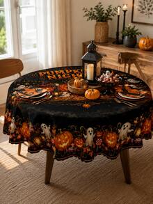 Black And Orange Pumpkin-Themed Halloween Tablecloth – Rectangular Table Cover Featuring Jack-O'-Lanterns, Ghosts, And Autumn Leaves – Ideal For Dining Table Decor, Halloween Parties, Fall Harvest Themes, And Home Kitchen Styling - Multicolor - View 13