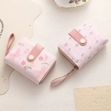 Multifuctional Polka Dots Wallet Zipper Closure Floral Print Leather Short Wallet With Wristlet Strap Snap Button Bow Coin Purse - Multicolor - View 6