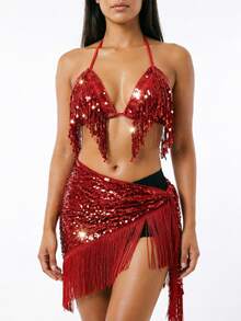 Sequin Fringe Halter Top Sequin Knotted Wrap Fringe Dance Hip Scarf Carnival Party Performance Outfit (Multiple Colors Available) - Multicolor - View 4