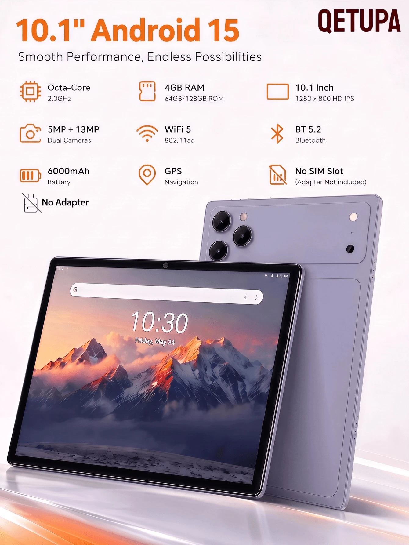 Qetupa Tablet Android 15 inci Z17 10,1 inci, Octa-Core 1,8GHz, RAM 4GB, ROM 64GB/128GB, Layar Sentuh IPS HD 1280*800, BT5.2, WiFi5, GPS, Kamera Depan 5MP, Kamera Belakang 13MP, Baterai 6000mAh, Tidak Mendukung Kartu SIM (Tidak Termasuk Adaptor) - Purple - View 1