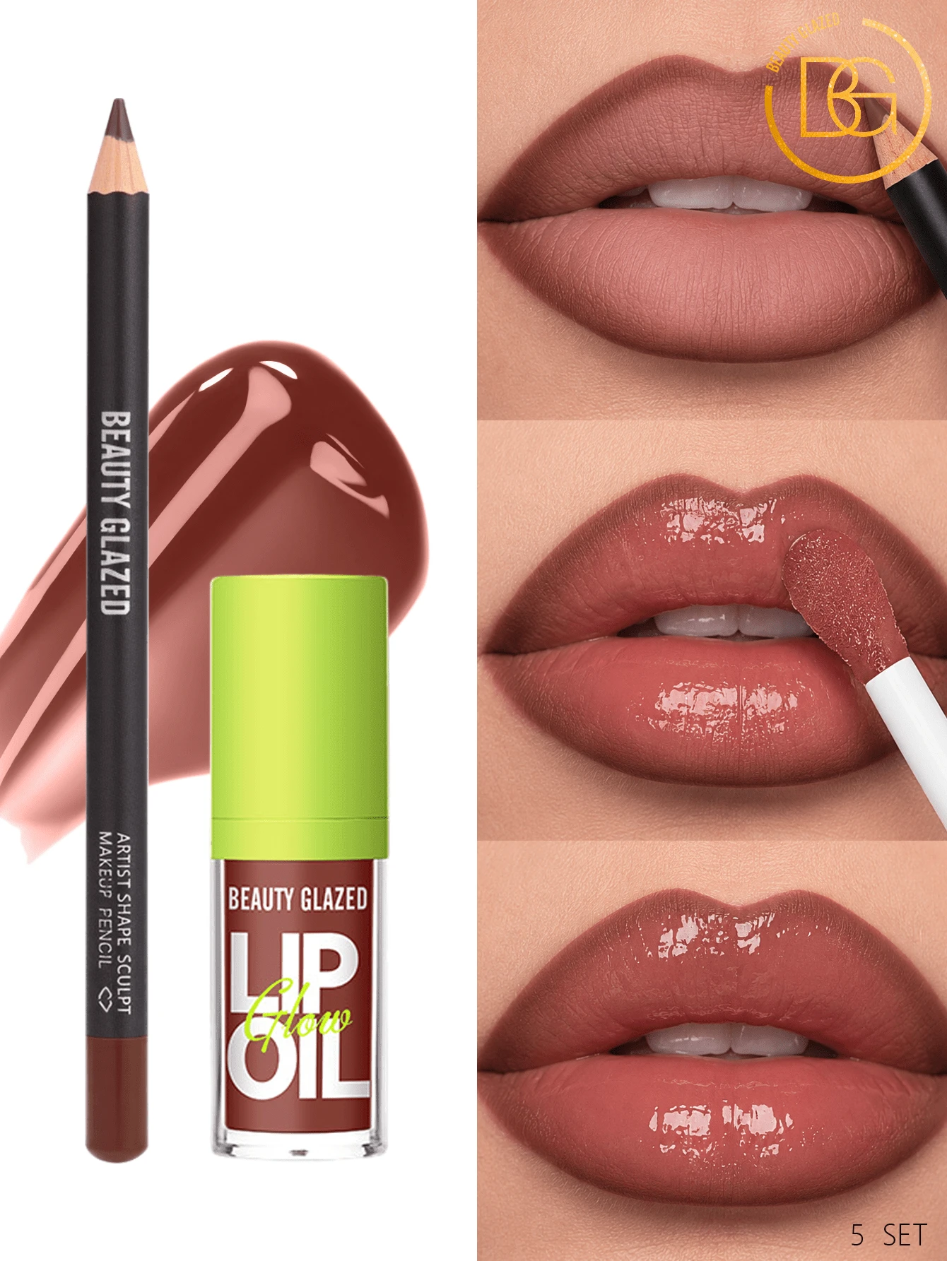 beauty glazed Set 2pcs Lip Gloss & Lip Liner - Formula Riasan Bibir Gradien untuk Bibir Penuh, Lip Gloss Mengkilap Seperti Kaca untuk Efek Bervolume, Kombinasi Bibir Populer untuk Tampilan Sehari-hari dan Pesta - B330#A1+B129#107 - View 1