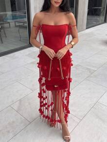 Fashionable Sexy Elegant Off-Shoulder Rose Flower Tassel Design Fitted Short Party Evening Dress - Red - View 2