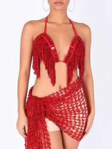 Coin Tassel Halter Top, Mesh Sequin Wrap Hip Scarf, Exotic Style Party Performance Outfit (Multiple Colors Available) - Multicolor - View 7