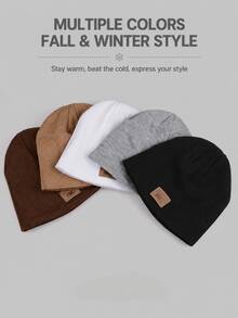 1pc Unisex Ribbed Knit Beanie Hat With Vintage Logo Patch, Soft Stretch Warm Skull Cap For Men And Women, Fall Winter Outdoor, Travel And Daily Wear - A - View 7