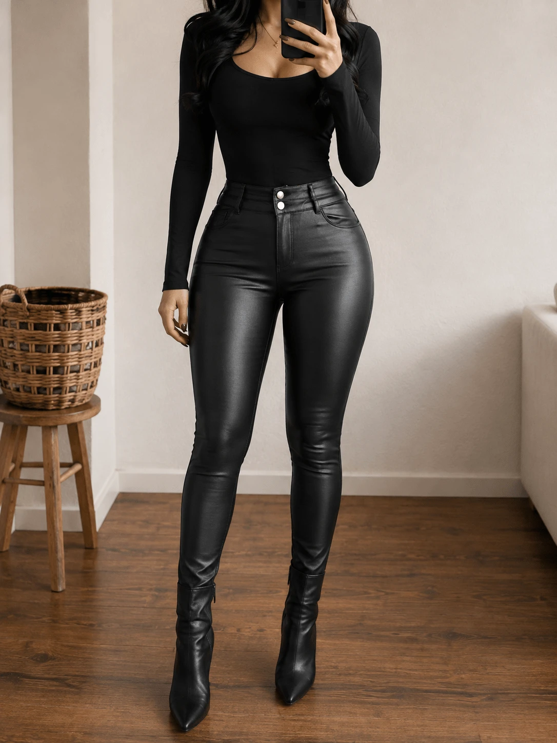 ApperlothPOP Vintage Classic Black Pu Leather Pants Double Buttons Zipper Skinny Bodycon Basic Trouser All-Match Fall Winter Music Festival Looks - Black - View 1