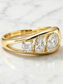 1pc Women's Luxury Three-Stone Ring, Asscher Square Diamond & Oval Zirconia Splice Hollow Design, 14K Gold Plated, Party Engagement Decorative Gift Jewelry - Yellow - View 5