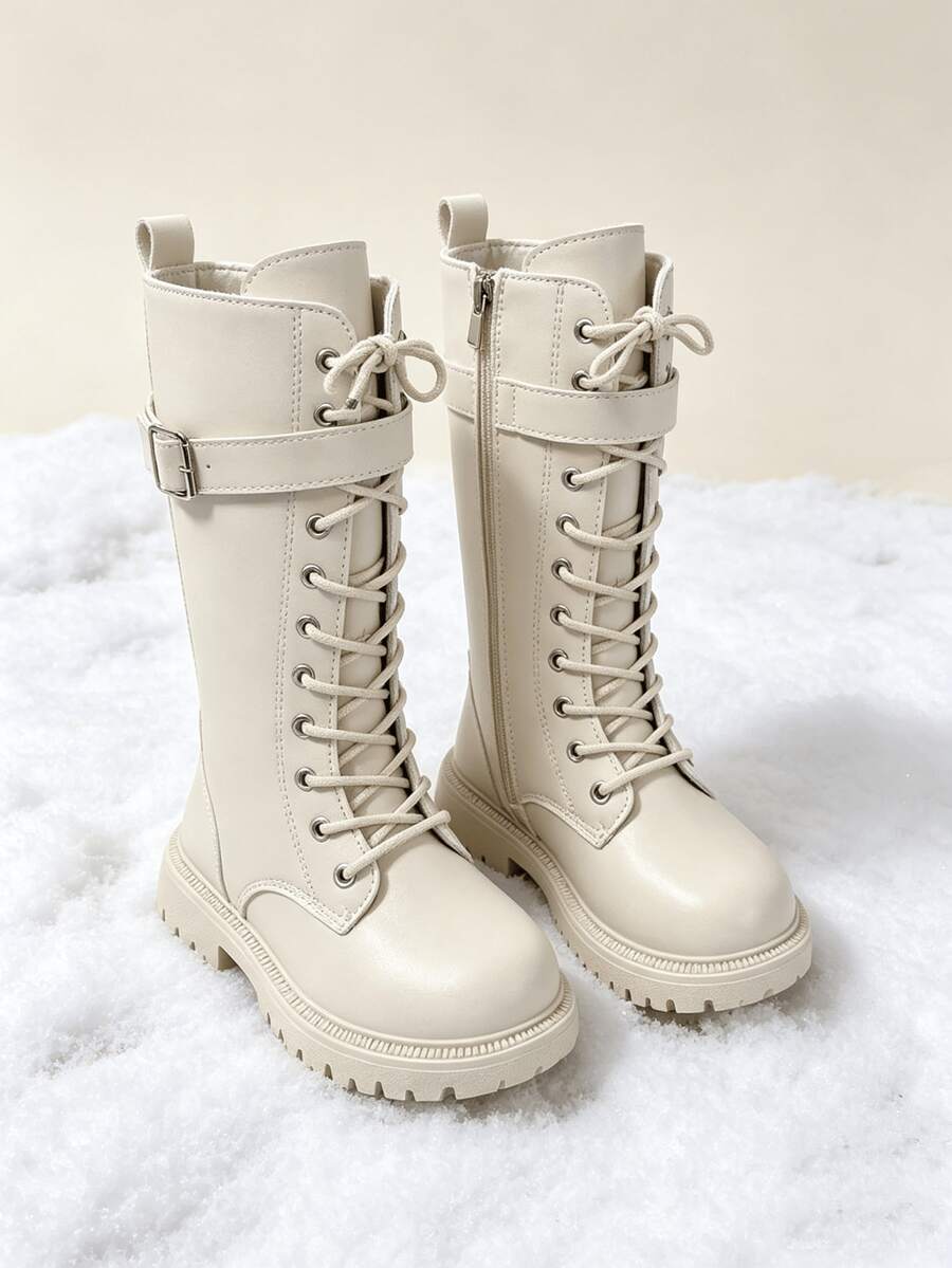 1 Pair Girls' Boots With Bow & Pearl Decor, Warm & Durable, Round Toe, High Top, Zipper Design, Thick Heel Flat Sole, Sweet Princess Style, Long Boots, Suitable For Autumn/Winter Daily Wear & Parties - White - View 1