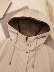 Women's Camel Hooded Utility Parka, Drawstring Waist, Zip & Snap Closure, Pockets, Mid-Length Spring Autumn Coat - Camel - View 6