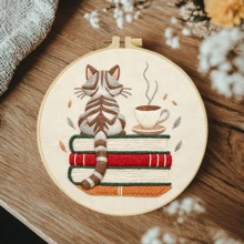 1PC 20*20cm/7.9*7.9in,Cat And Coffee Embroidery Kit, DIY Handmade Embroidery Set For Adult Beginners, Home Gift, Women's Sewing Gift, Including User Manual, Printed Pattern Fabric, Embroidery Frame, Needle And Thread. - Cat and Coffee - View 3
