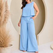 Women's Tailored Set Duna Premium Linen 100% Polyester High-Waisted Wide-Leg Pants Duna Linen 2-In-1 SUMMER - 藍色 BB - 查看 1