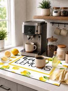 1pc Yellow Lemon Letter Pattern Dish Drying Mat, Fresh Summer Pastoral Style, Quick-Drying Absorbent Material, Fruit Text Print Design, Non-Slip Surface Protection, Suitable For Daily Kitchen, Dish Drying, Home Gatherings And Home Decor - Multicolor - View 2