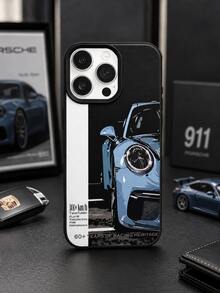 1PC Split Black White Panel Light Blue 911 Sports Car Racing Art Phone Case Compatible With Iphone 17 16 15 14 13 Pro Max, Leather Texture Shockproof Phone Case For Car Lovers - Black - View 3