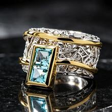 1pc Luxury Dual-Tone 14K Gold Plated Aquamarine Couple Ring, Geometric Rectangular Wide Band Index Finger Ring For Women And Men, Party Gift Jewelry - White and Yellow - View 8