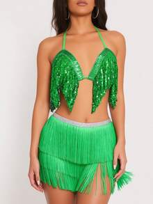Sequin Draped Fringe Halter Top Rhinestone Waistband Multi‑Layer Fringe Slit Dance Hip Scarf Party Performance Outfit (Multiple Colors Available) - Multicolor - View 5