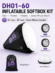 Bussi DH01-60 60cm Inflatable Deep Parabolic Softbox Kit With FM Fresnel Lens Adapter, 26°/38° Lenses And Spherical Diffuser, Compatible With ML Series LED Lights, Portable Foldable Soft Light Accessory For Portrait, Live Streaming, Cosplay And Product Photography - View 1