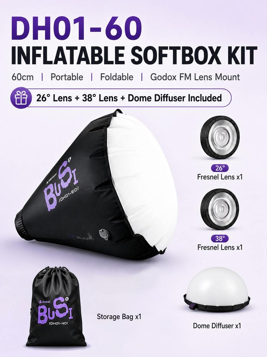 Bussi DH01-60 60cm Inflatable Deep Parabolic Softbox Kit With FM Fresnel Lens Adapter, 26°/38° Lenses And Spherical Diffuser, Compatible With ML Series LED Lights, Portable Foldable Soft Light Accessory For Portrait, Live Streaming, Cosplay And Product Photography - View 1