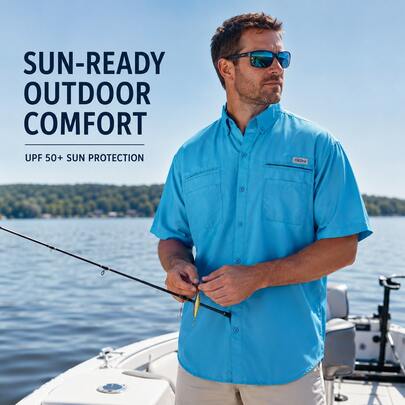 ZBORIBER Men's Fishing Shirt UPF 50+ Sun Protection Quick Dry Short Sleeve Outdoor Shirt With 4 Pockets Zipper Pocket Breathable Mesh Back Panel