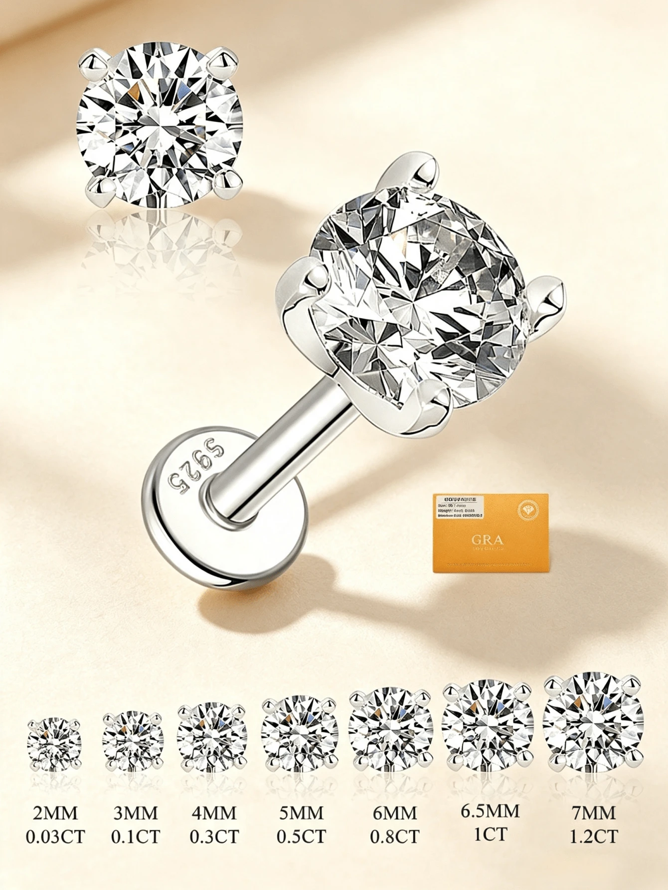 1 Stück 0,03-1,2ct Moissanit Ohrstecker D Farbe VVS1 Grad hypoallergen 18K Weißgold beschichtet flache Rückseite 925er Sterlingsilber Ohrringe Unisex