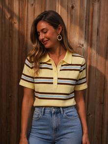 Women's Striped Polo Collar Short Sleeve Knit Top, American Retro Preppy Style Spring Summer Casual Shirt, Suitable For Daily Commute Wear Yellow - Yellow - View 6