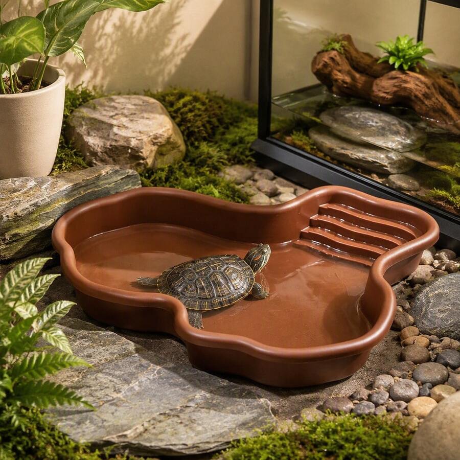 Large Shallow Reptile Water Basin, River-Shaped Bath Tub With Smooth Rounded Edges, Suitable For Turtles, Lizards, Frogs, Snakes, Amphibians And Other Reptiles - Brown - View 1
