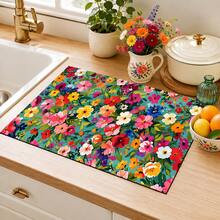 1pc Colorful Floral Pattern Dish Drying Mat, Fresh Pastoral Style, Quick-Drying Absorbent Material, Delicate Printed Design, Waterproof Stain-Resistant Non-Slip Countertop Protector, Suitable For Daily Kitchen, Dish Drying, Gatherings And Home Countertop Decor - Multicolor - View 3