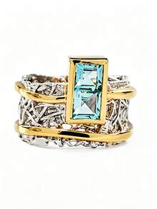 1pc Luxury Dual-Tone 14K Gold Plated Aquamarine Couple Ring, Geometric Rectangular Wide Band Index Finger Ring For Women And Men, Party Gift Jewelry - White and Yellow - View 5
