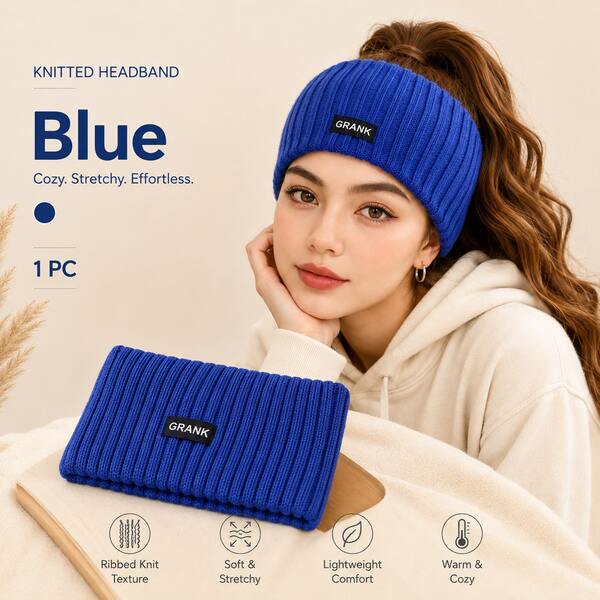 1PC Royal Blue Ribbed Knit Headband, Wide Stretch Ear Warmer For Women, Soft Cozy Winter Hair Band For Daily Wear, Sports And Outdoor