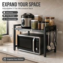 Adjustable Microwave Rack, Expandable Kitchen Stand With 6 Hooks For Microwave Toaster Oven, Space Saving Countertop Shelf, Metal Black - View 1
